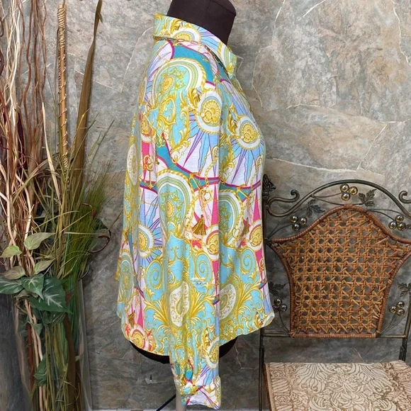 Jane & Delancey 🌹 shirt, top blouse tunic sleeve button collar paisley nautical - Picture 4 of 12